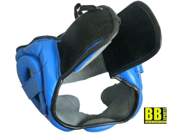 Casque de boxe en cuir intégral bleu vue de dos